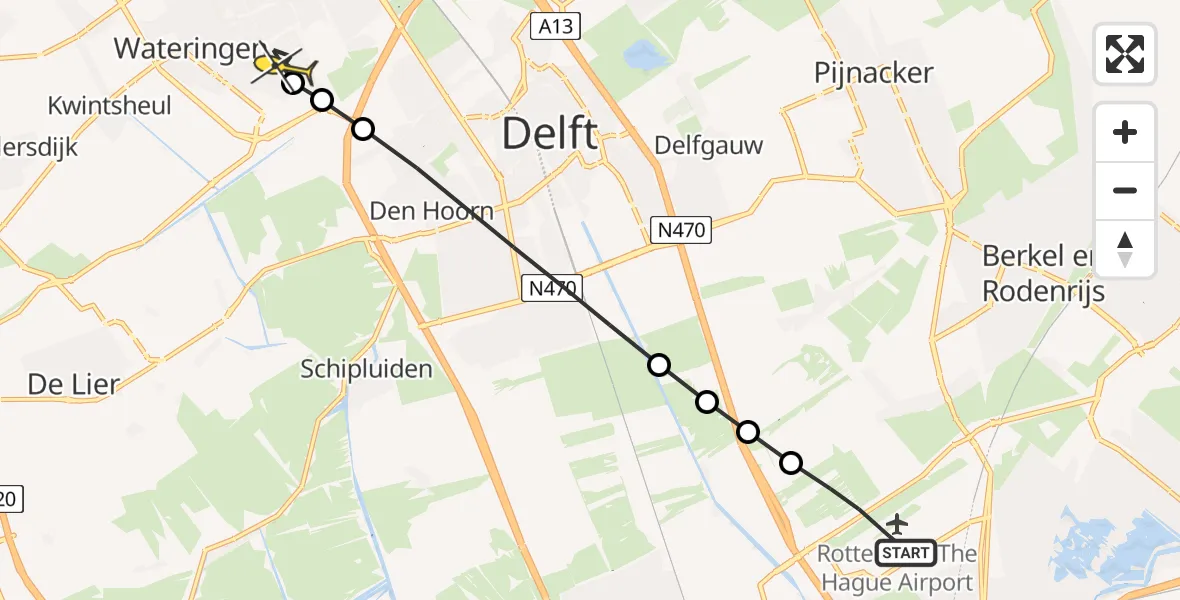 Routekaart van de vlucht: Lifeliner 2 naar Den Haag, Middenweg