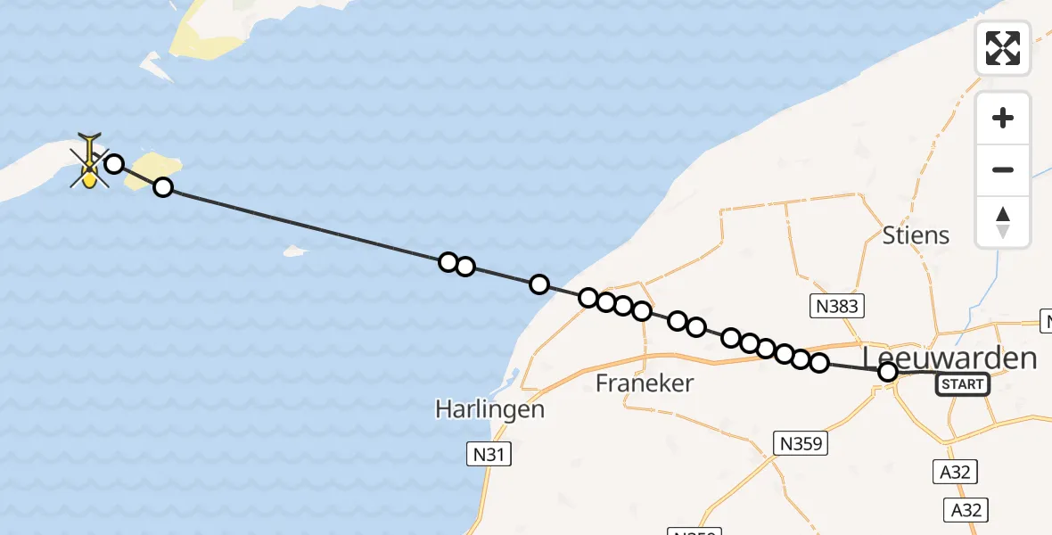 Routekaart van de vlucht: Ambulancehelikopter naar Vlieland Heliport, Vermeerstraat