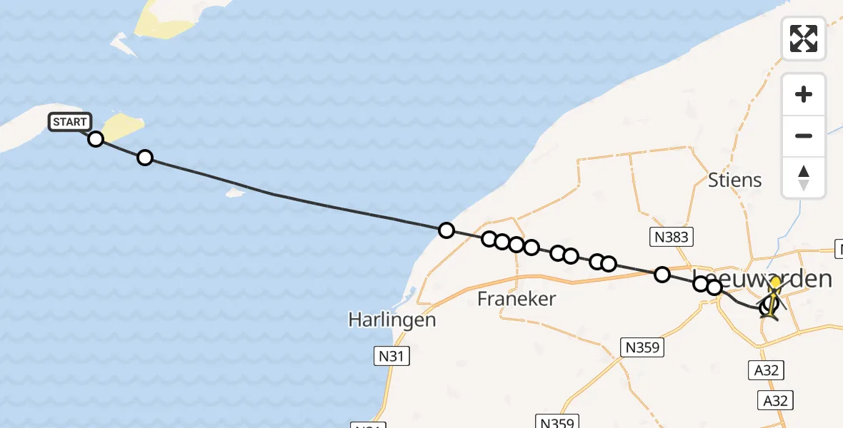 Routekaart van de vlucht: Ambulancehelikopter naar Leeuwarden, Borniastraat