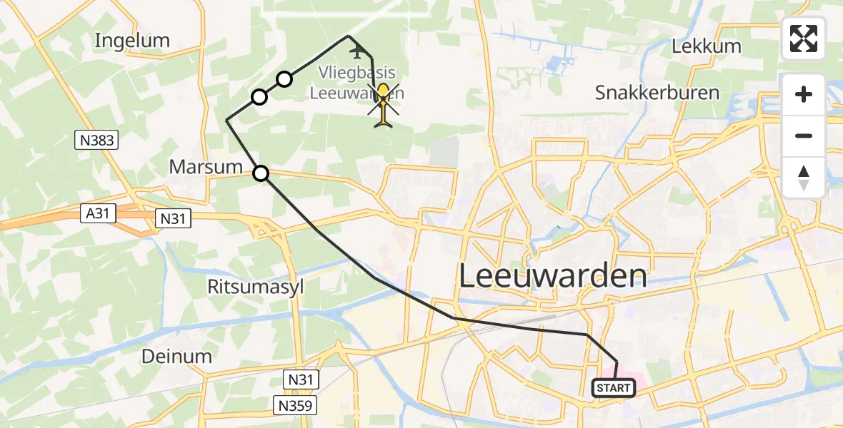 Routekaart van de vlucht: Ambulancehelikopter naar Vliegbasis Leeuwarden, Wijnhornsterstraat