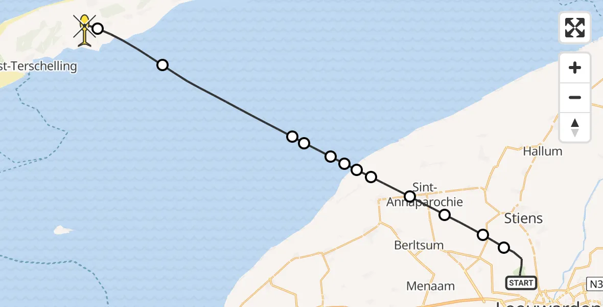 Routekaart van de vlucht: Ambulancehelikopter naar Midsland, Keegsdijkje
