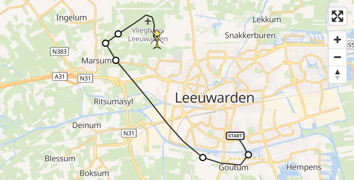 Routekaart van de vlucht: Ambulanceheli naar Vliegbasis Leeuwarden, Buorren