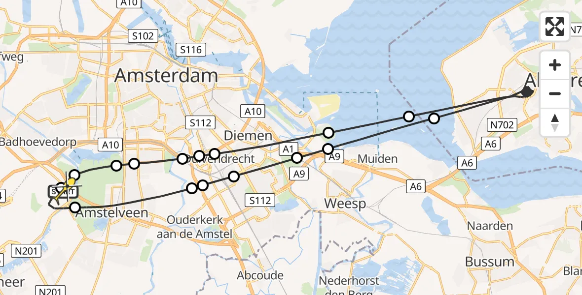 Routekaart van de vlucht: Politieheli naar Schiphol, Amsterdam-Bataviaweg