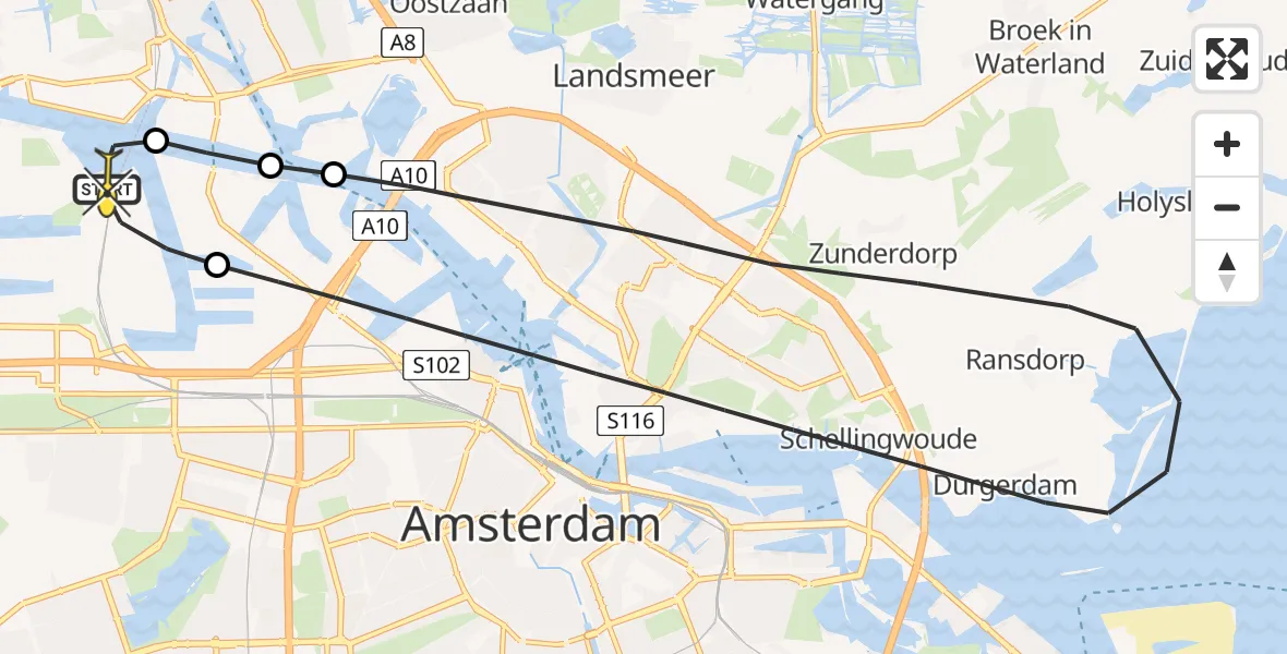 Routekaart van de vlucht: Lifeliner 1 naar Amsterdam Heliport, Westhaven