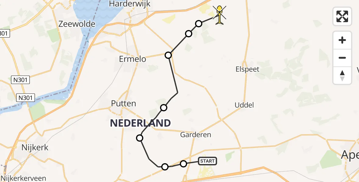 Routekaart van de vlucht: Politiehelikopter naar Hulshorst, Provincialeweg