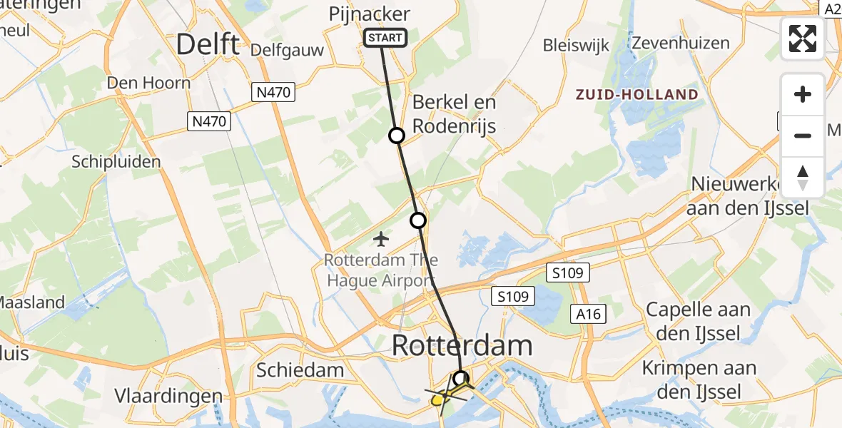 Routekaart van de vlucht: Lifeliner 2 naar Erasmus MC, Strikledeweg