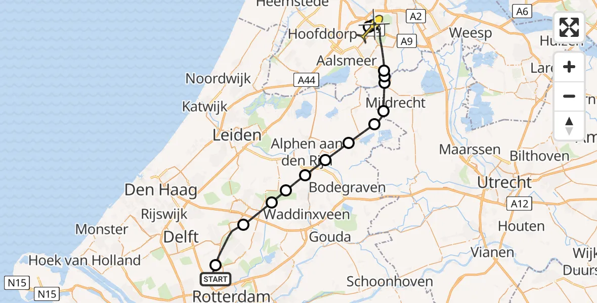 Routekaart van de vlucht: Politieheli naar Schiphol, A16 Rotterdam