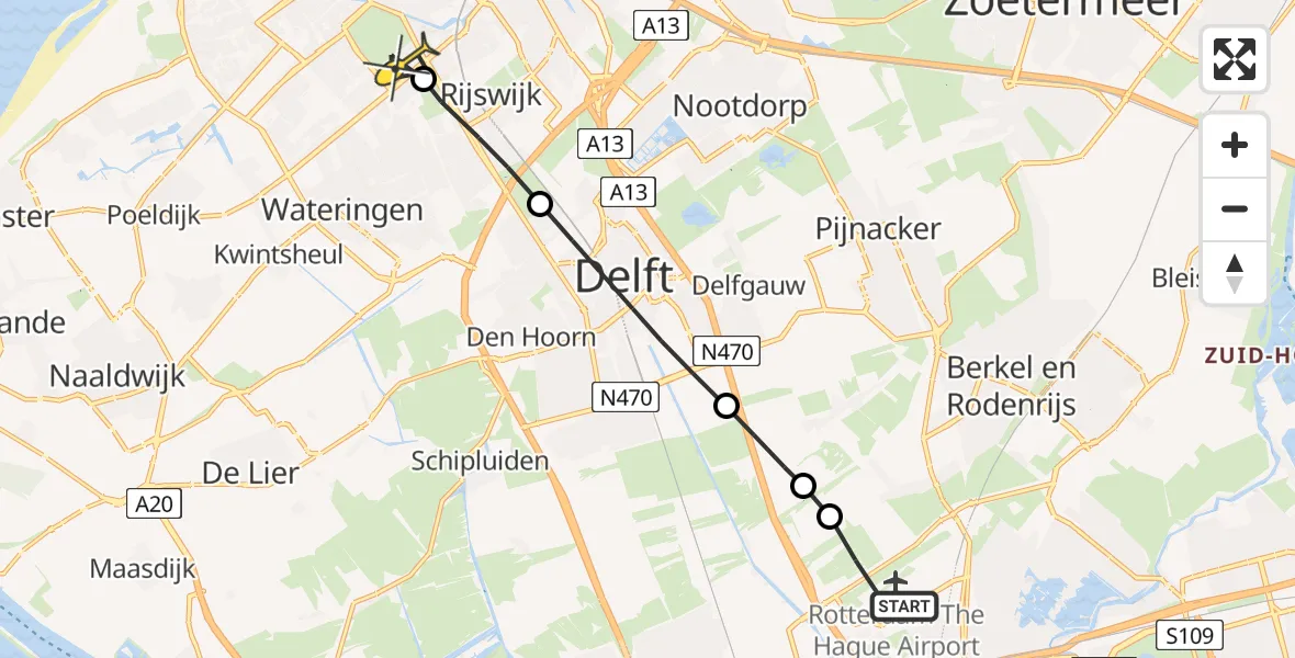 Routekaart van de vlucht: Lifeliner 2 naar Den Haag, Aagje Dekenlaan