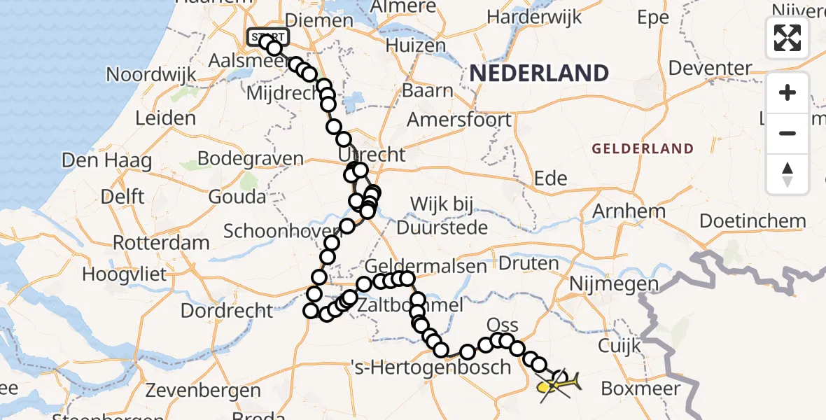 Vluchtroute Politiehelikopter van Schiphol naar Vliegbasis Volkel