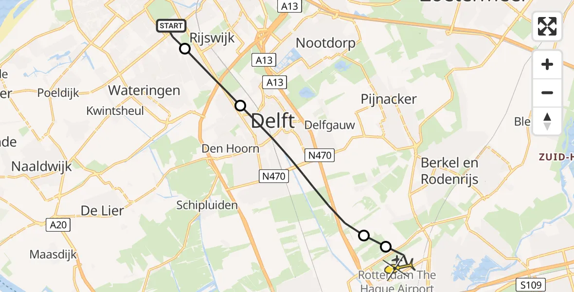 Routekaart van de vlucht: Lifeliner 2 naar Rotterdam The Hague Airport, John F. Kennedylaan