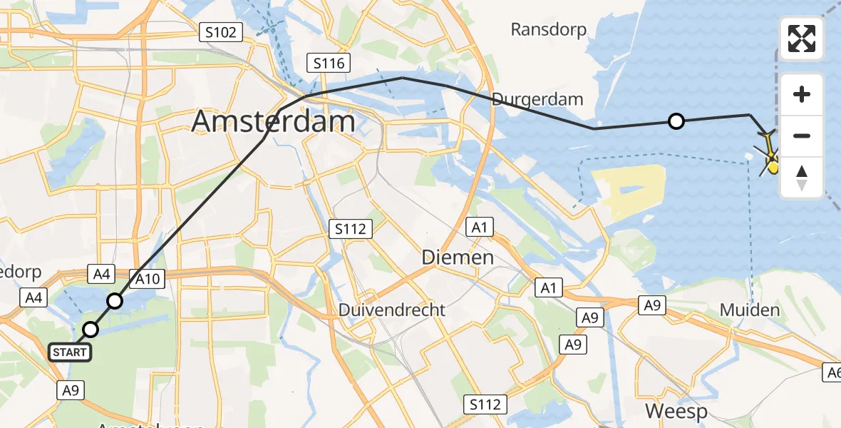 Routekaart van de vlucht: Politiehelikopter naar Muiden, Jaagpad