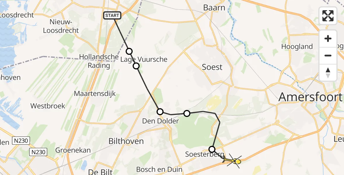 Routekaart van de vlucht: Politiehelikopter naar Soesterberg, Hilversums Wasmeer - Vogelkijkhut