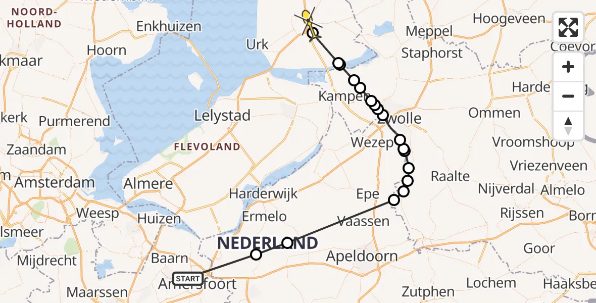 Routekaart van de vlucht: Politieheli naar Emmeloord, Huddingweg