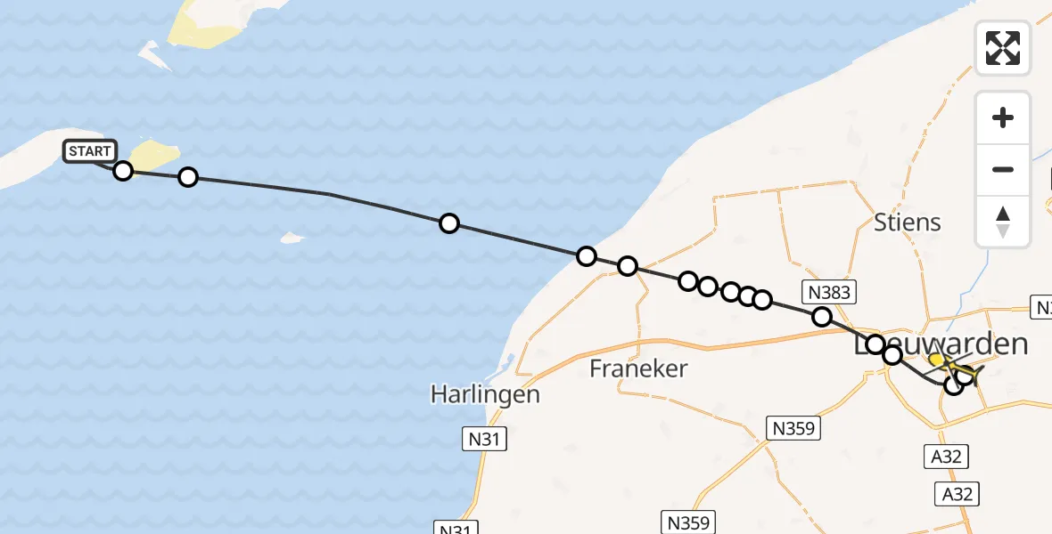 Routekaart van de vlucht: Ambulanceheli naar Leeuwarden, Aldlânsdyk