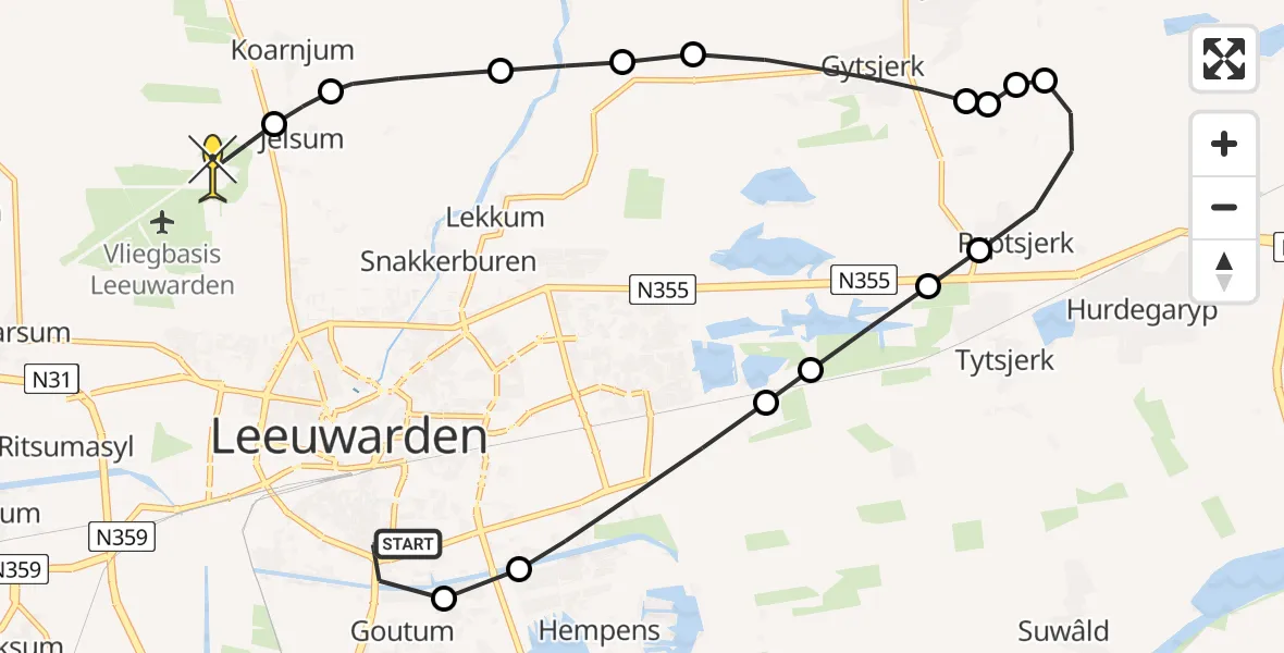 Routekaart van de vlucht: Ambulanceheli naar Vliegbasis Leeuwarden, Pieter-Christiaanstraat