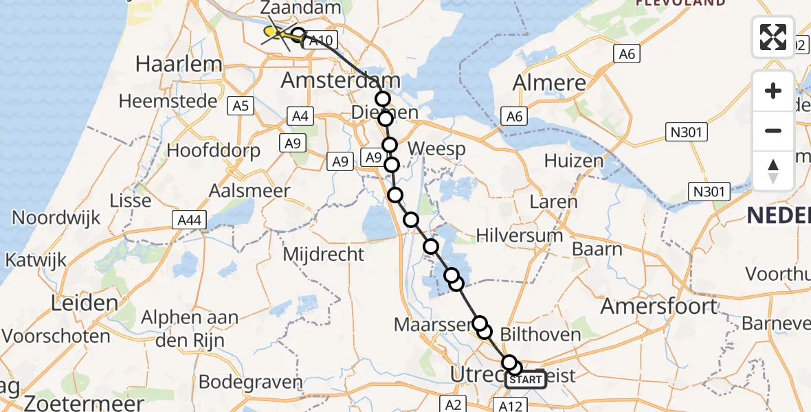 Routekaart van de vlucht: Lifeliner 1 naar Amsterdam Heliport, Veldzichtstraat