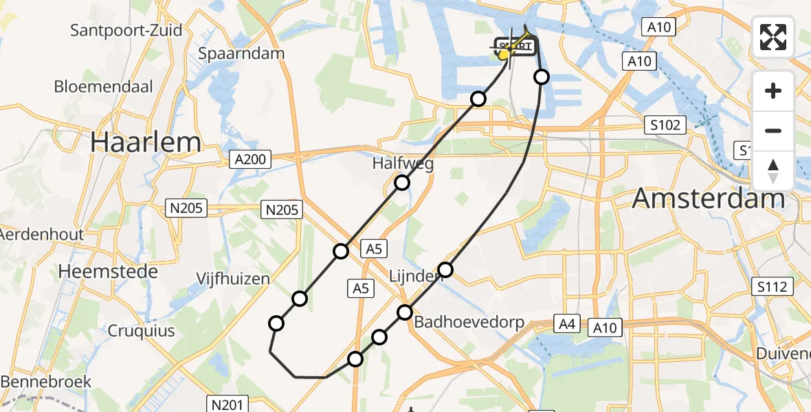 Routekaart van de vlucht: Lifeliner 1 naar Amsterdam Heliport, Westpoort