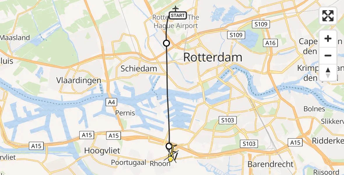 Routekaart van de vlucht: Lifeliner 2 naar Rhoon, Rhijnsburgstraat
