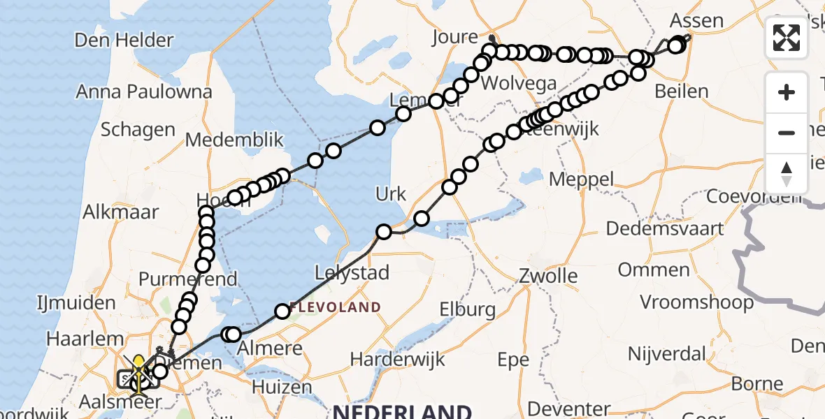 Routekaart van de vlucht: Politieheli naar Schiphol, Amsterdam-Bataviaweg