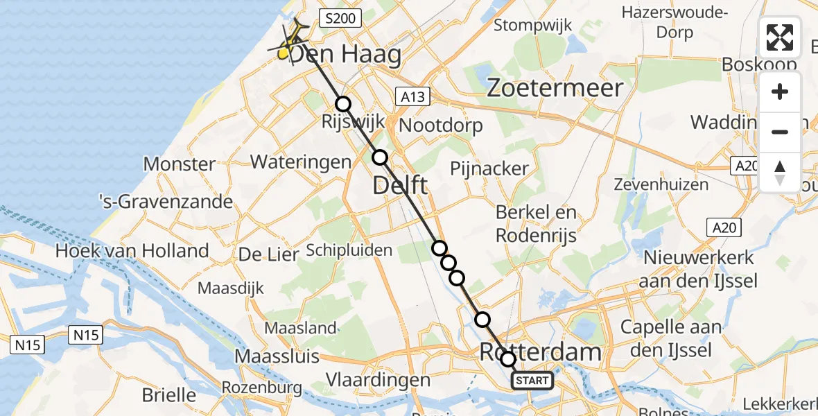 Routekaart van de vlucht: Lifeliner 2 naar Den Haag, Heemraadssingel