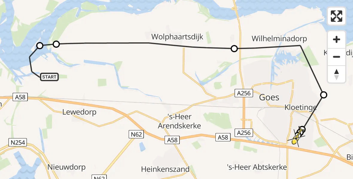 Routekaart van de vlucht: Kustwachthelikopter naar Goes, Bastiaan de Langeplaatweg