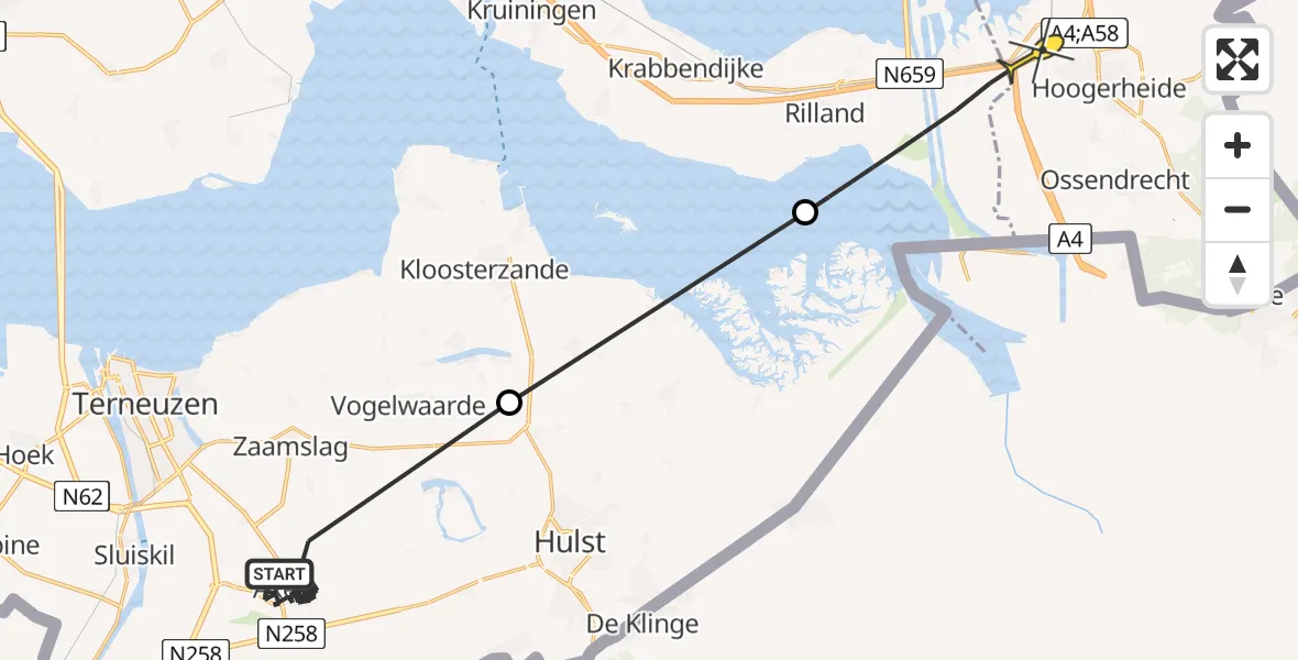 Routekaart van de vlucht: Politieheli naar Woensdrecht, Zuidsingel