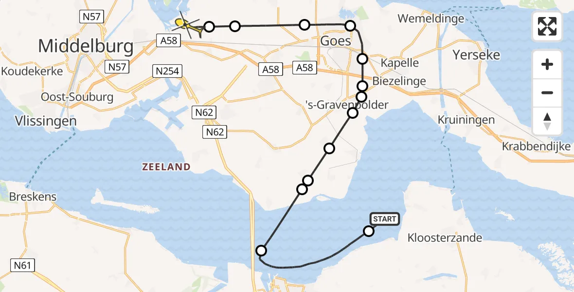 Routekaart van de vlucht: Kustwachthelikopter naar Vliegveld Midden-Zeeland, Fietspad