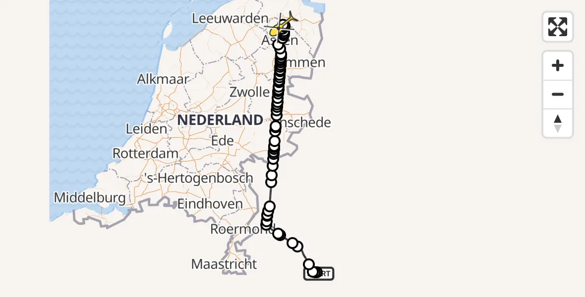 Routekaart van de vlucht: Traumahelikopter naar Eelde, Burgemeester J.G. Legroweg