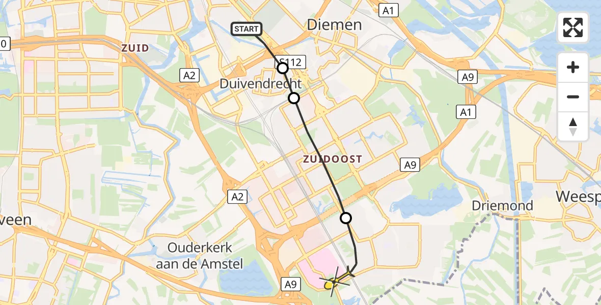 Routekaart van de vlucht: Lifeliner 1 naar Academisch Medisch Centrum (AMC), Kruislaan