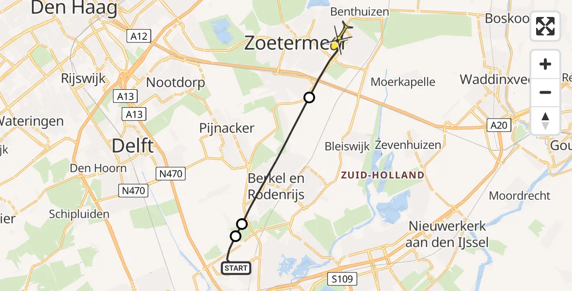 Routekaart van de vlucht: Lifeliner 2 naar Zoetermeer, Zuideinde