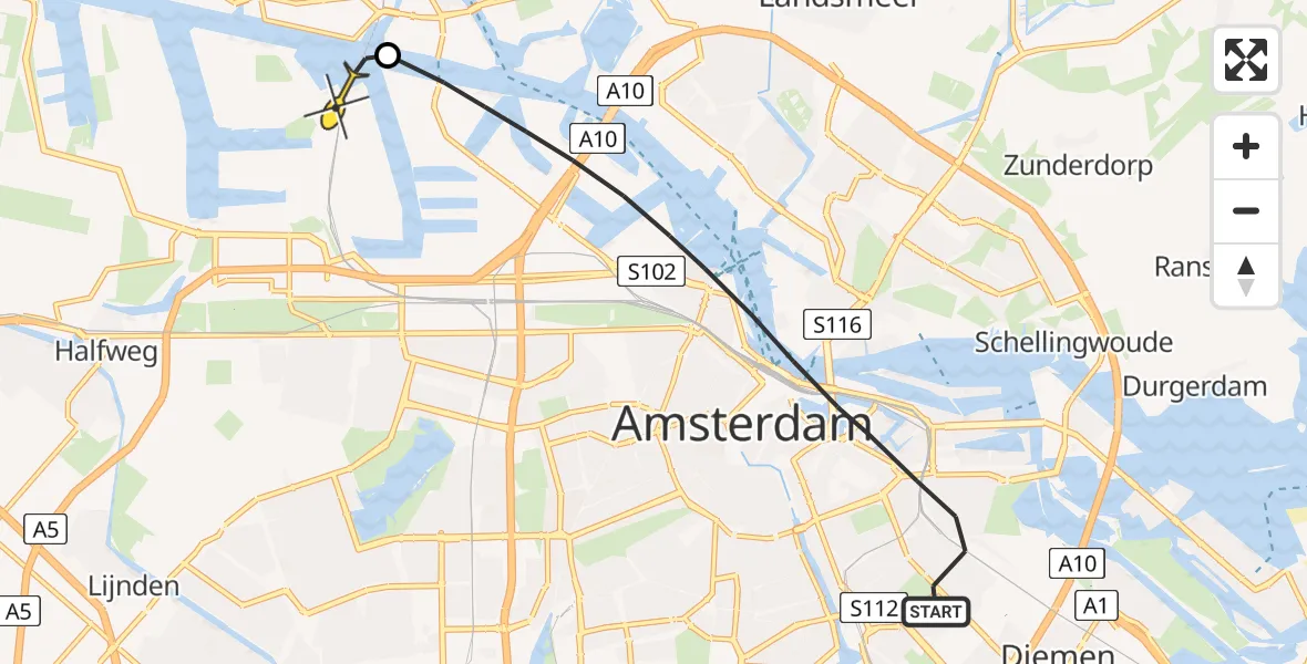 Routekaart van de vlucht: Lifeliner 1 naar Amsterdam Heliport, Roomtuintjes