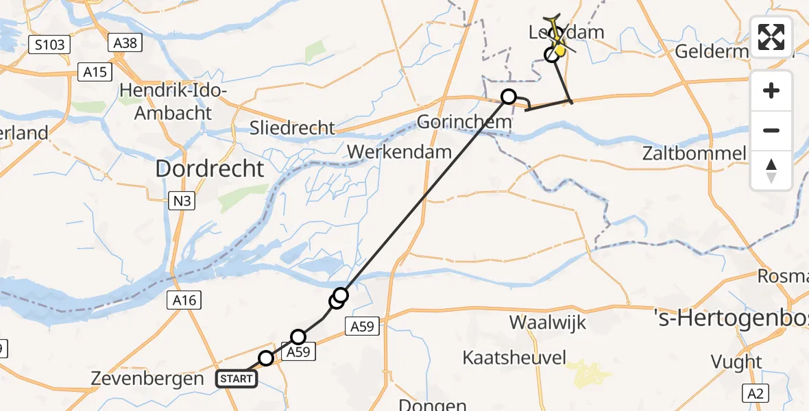 Routekaart van de vlucht: Politieheli naar Leerdam, Maasroute