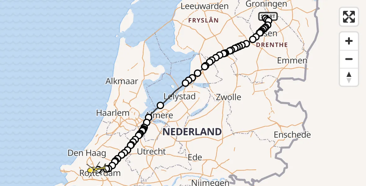Routekaart van de vlucht: Traumahelikopter naar Rotterdam The Hague Airport, De Hullen