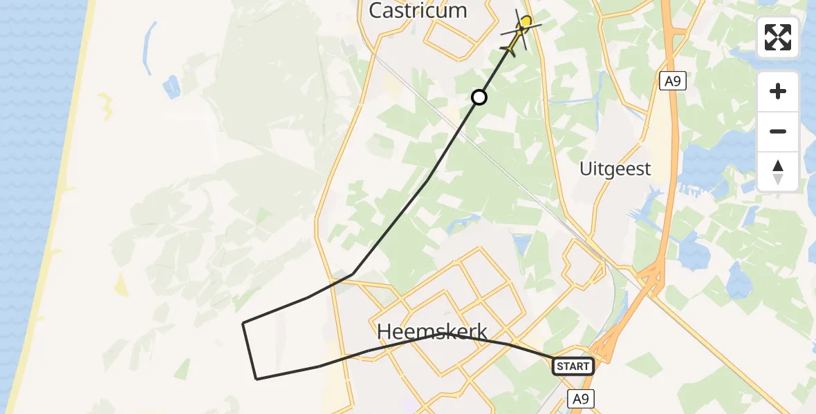 Routekaart van de vlucht: Politiehelikopter naar Castricum, Cornelis Groenlandstraat