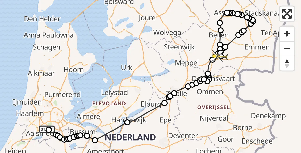 Routekaart van de vlucht: Politiehelikopter naar Vliegveld Hoogeveen, Schweitzerlaan
