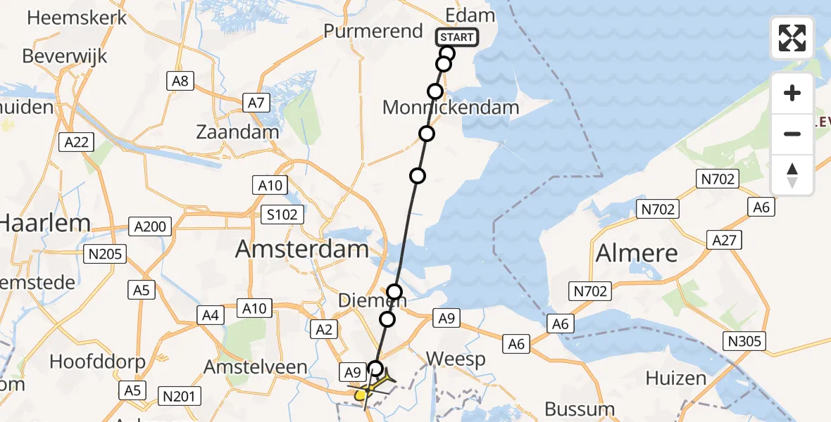 Routekaart van de vlucht: Lifeliner 1 naar Academisch Medisch Centrum (AMC), Zeddeweg