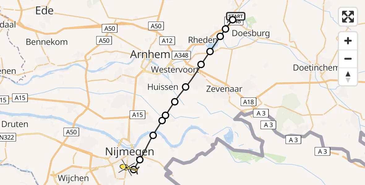 Routekaart van de vlucht: Lifeliner 3 naar Radboud Universitair Medisch Centrum, Buitensingel