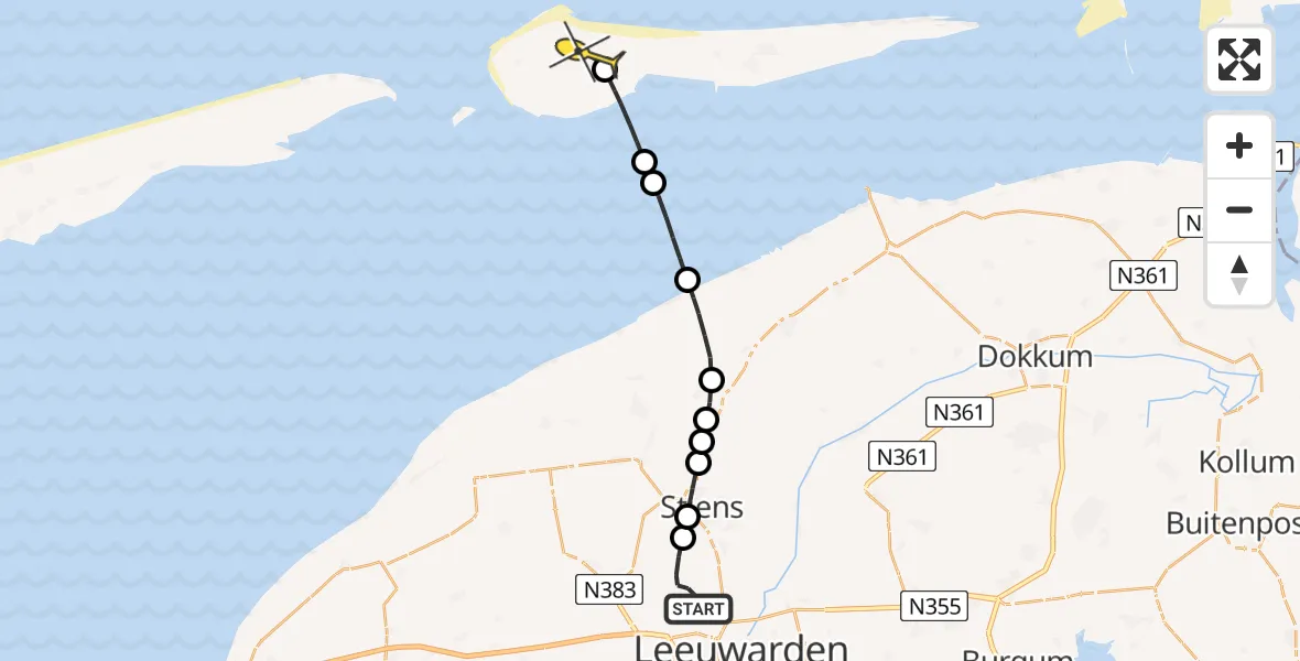 Routekaart van de vlucht: Ambulanceheli naar Ameland Airport Ballum, Buitengebied Noordwest