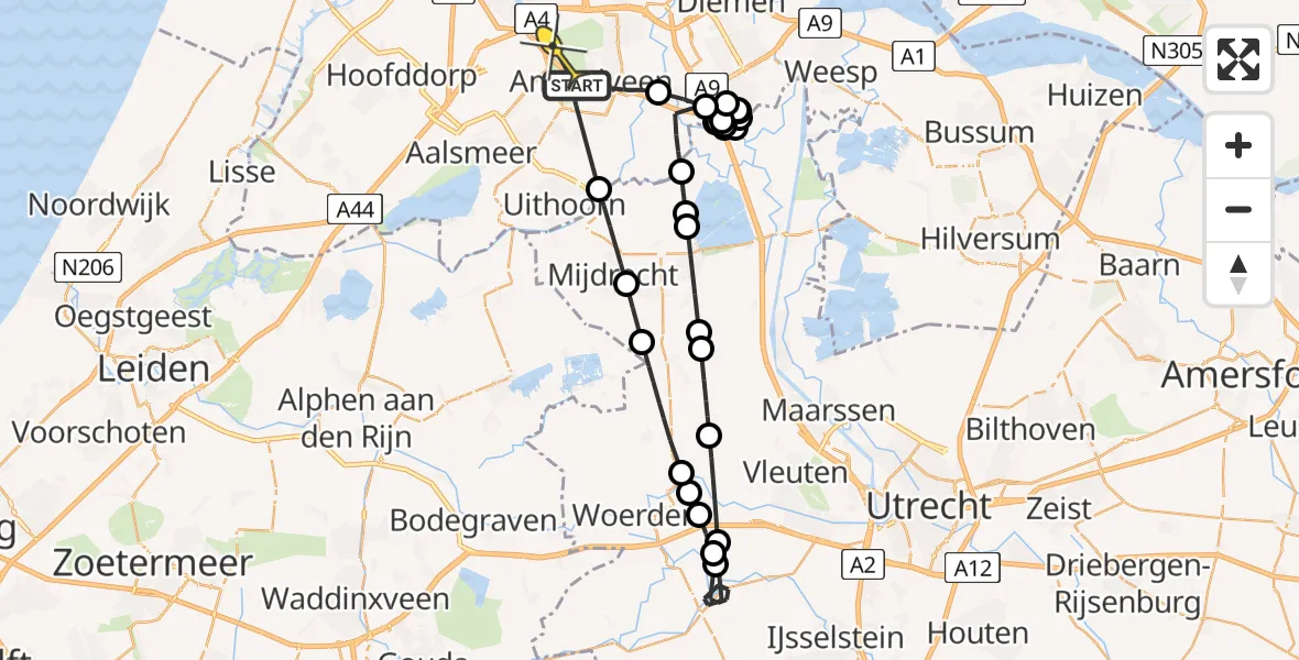 Routekaart van de vlucht: Politiehelikopter naar Amstelveen, De Parelvisserslaan