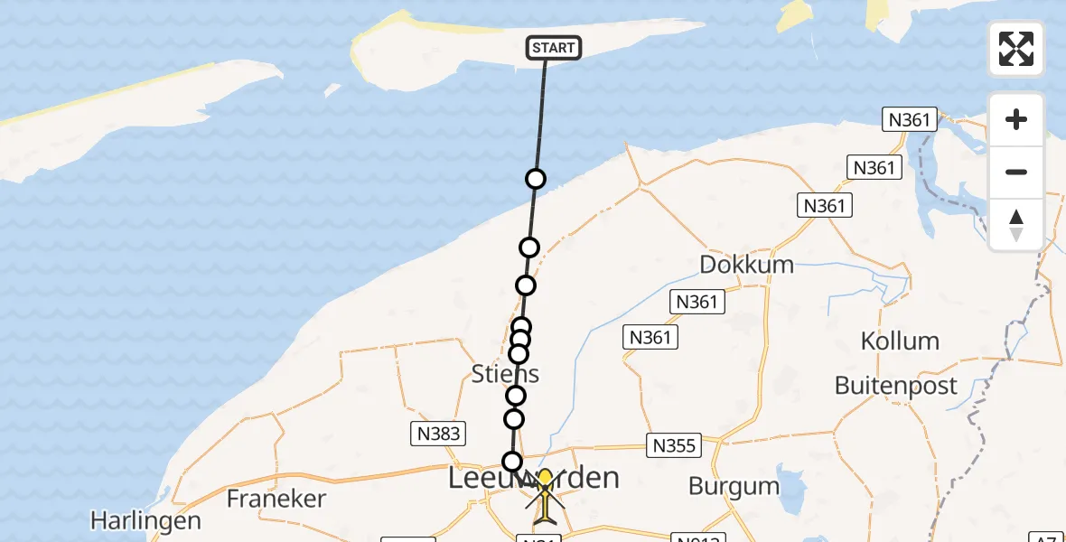 Routekaart van de vlucht: Ambulancehelikopter naar Leeuwarden, Waddendijk