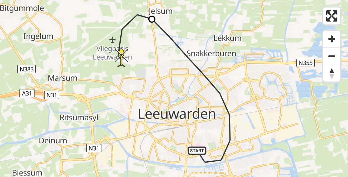 Routekaart van de vlucht: Ambulancehelikopter naar Vliegbasis Leeuwarden, Borniastraat