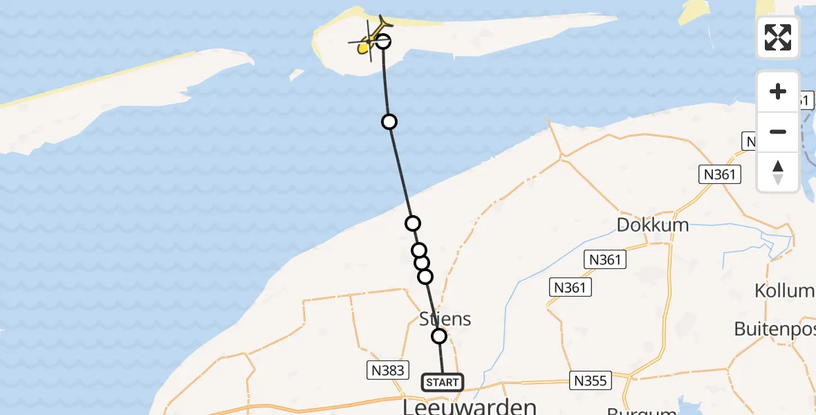 Routekaart van de vlucht: Ambulanceheli naar Ameland Airport Ballum, Keegsdijkje