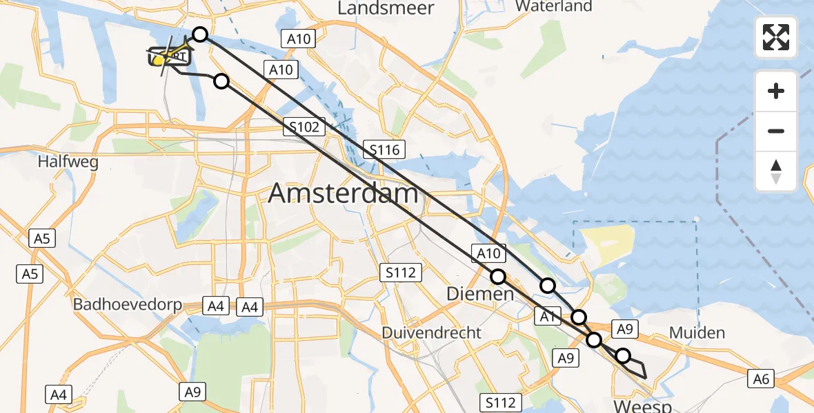 Routekaart van de vlucht: Lifeliner 1 naar Amsterdam Heliport, Westhavenweg