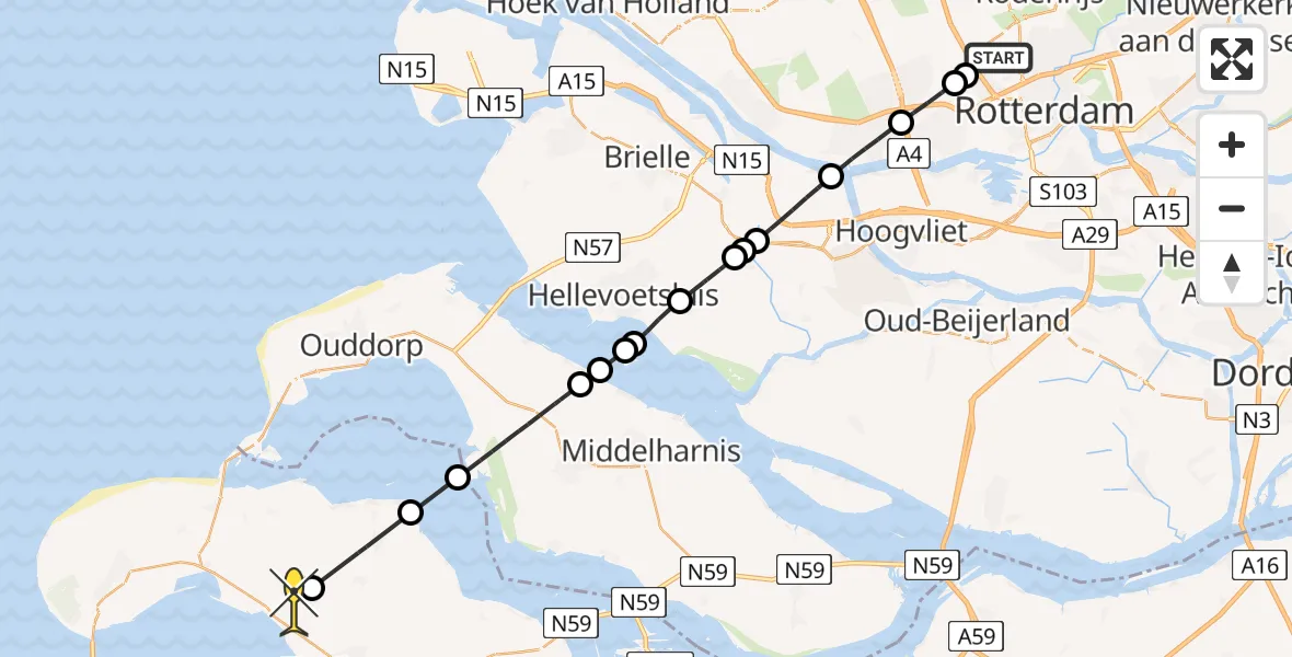 Routekaart van de vlucht: Lifeliner 2 naar Kerkwerve, Rotterdam Airportbaan