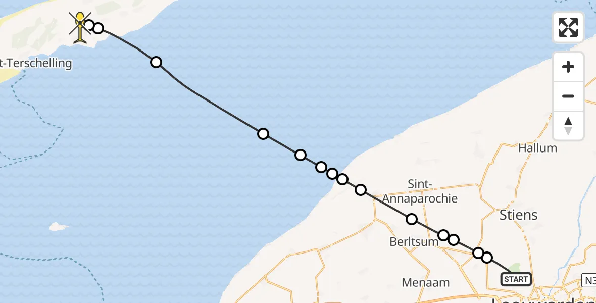 Routekaart van de vlucht: Ambulancehelikopter naar Midsland, Nijlânsdyk