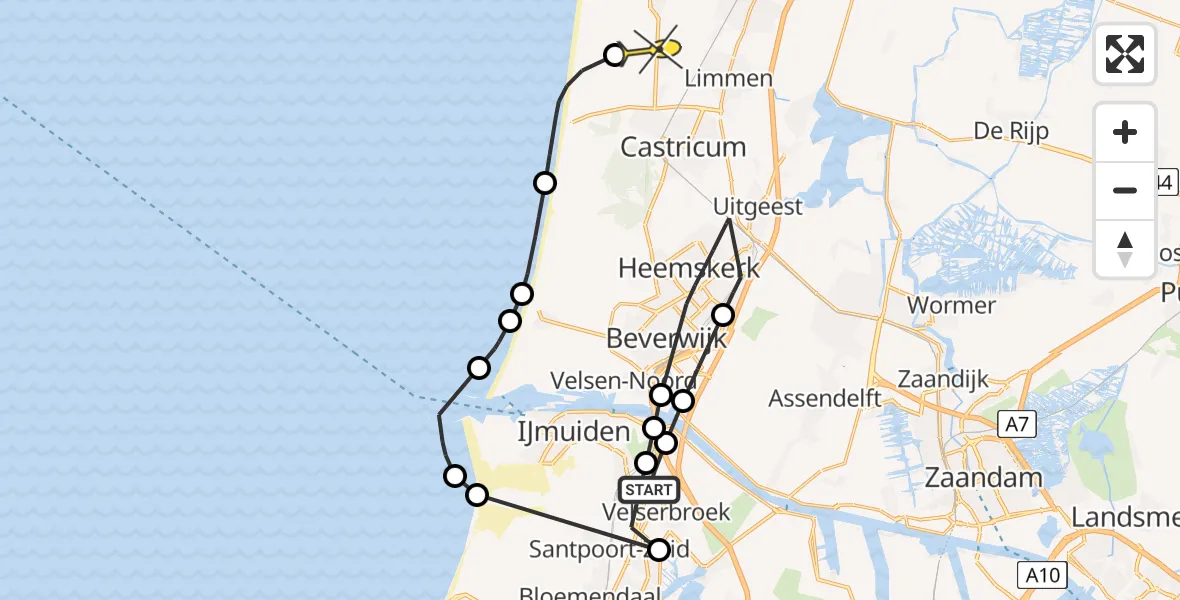 Routekaart van de vlucht: Politiehelikopter naar Castricum, Rijksweg