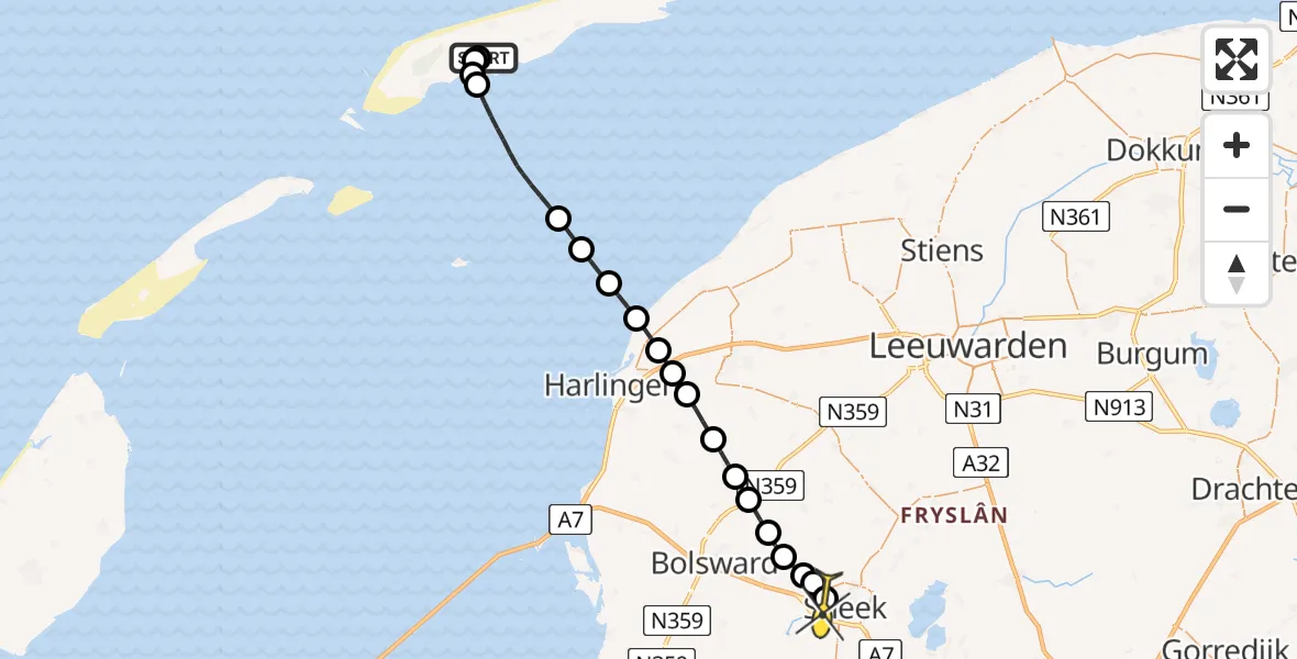 Routekaart van de vlucht: Ambulancehelikopter naar Sneek, Horp