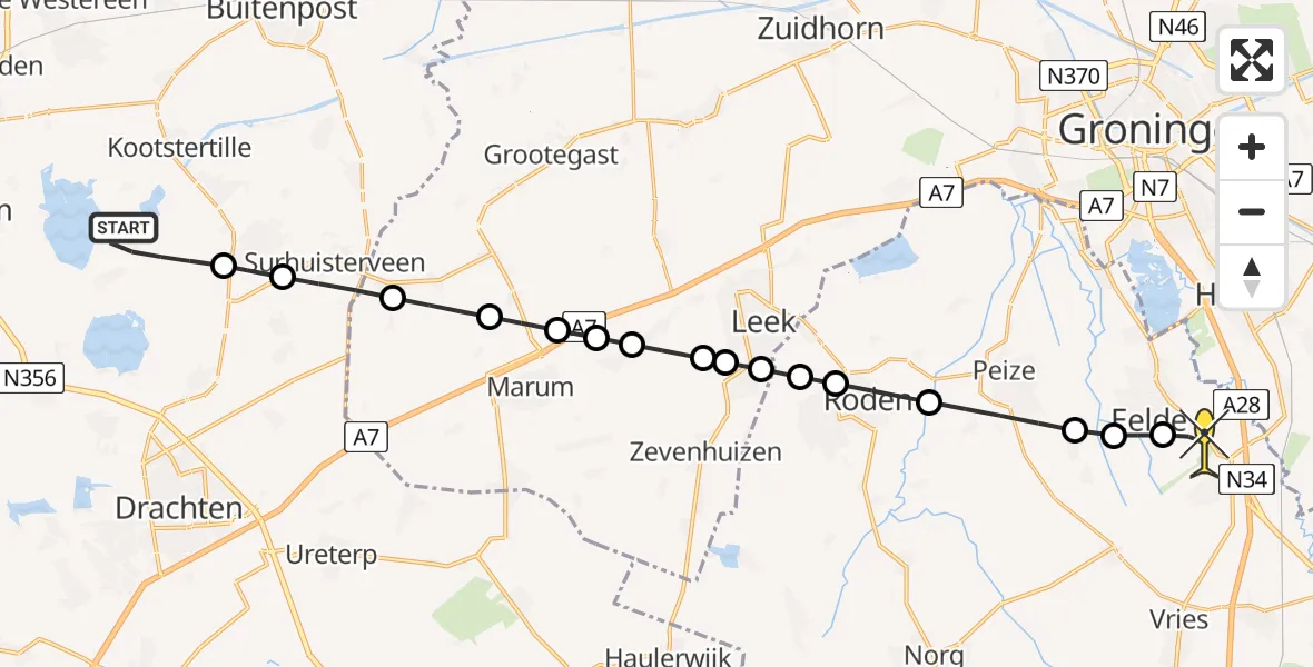 Routekaart van de vlucht: Lifeliner 4 naar Groningen Airport Eelde, Torenlaan