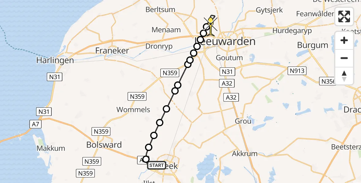 Routekaart van de vlucht: Ambulancehelikopter naar Vliegbasis Leeuwarden, Pottenbakkersstraat