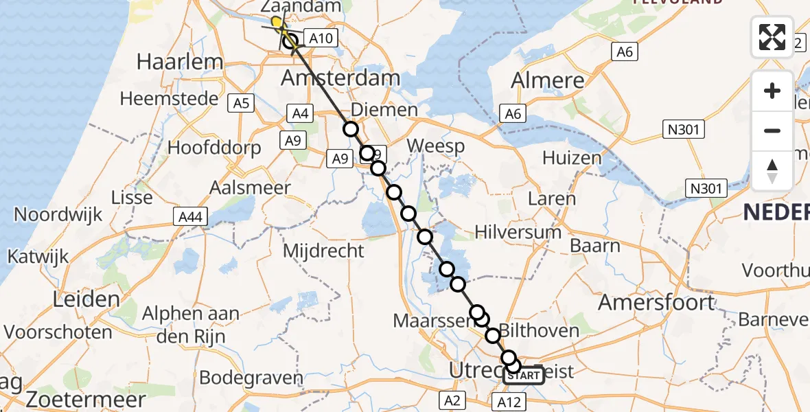 Routekaart van de vlucht: Lifeliner 1 naar Amsterdam Heliport, Hoofddijk